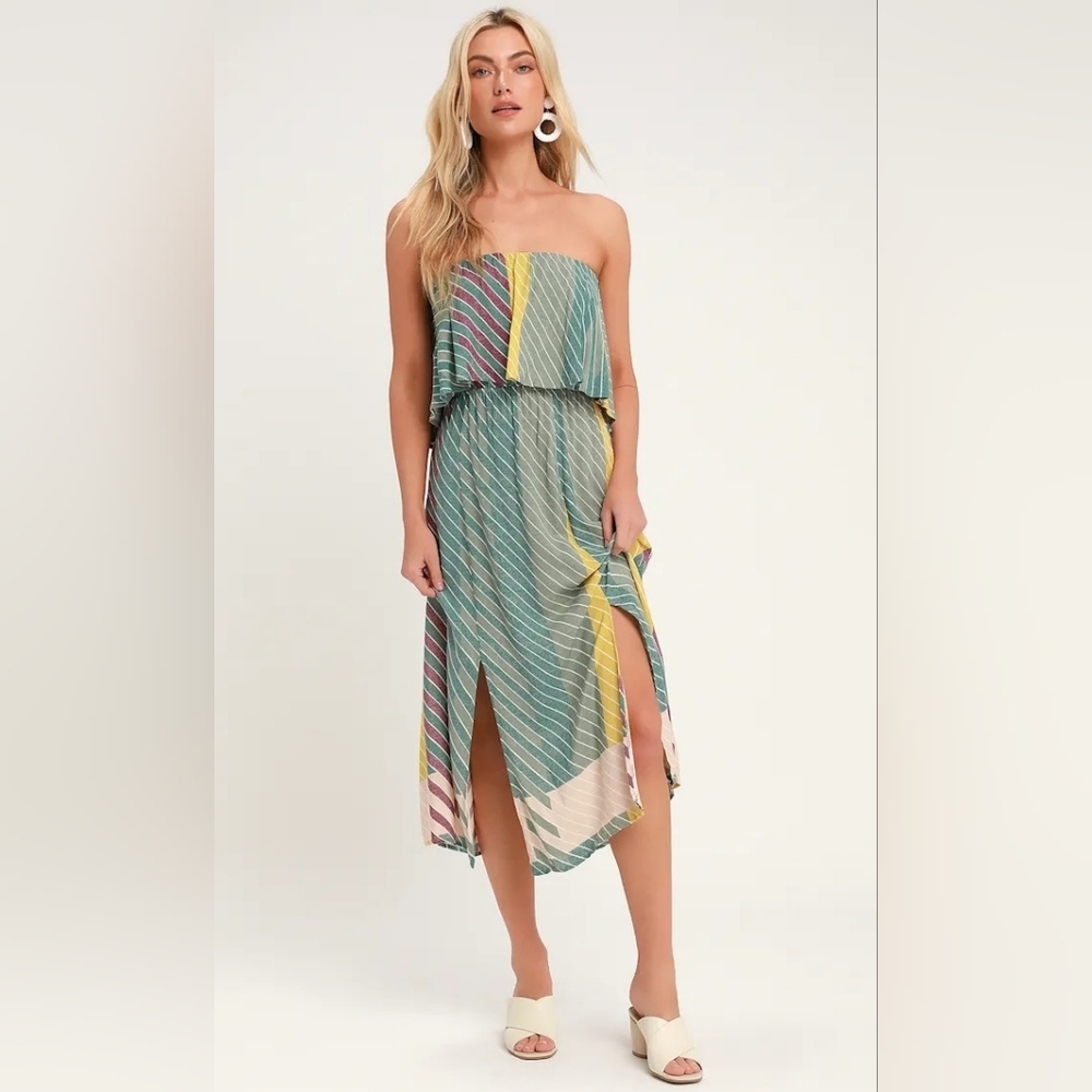 O'Neill Koi Sage Green Multi Striped Strapless Midi Dress Size S